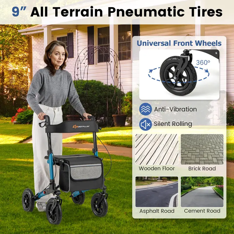 All-Terrain Rollator Walker for Seniors – Dual-Function Folding Design with 9-Inch Pneumatic Tires & Comfort Seat