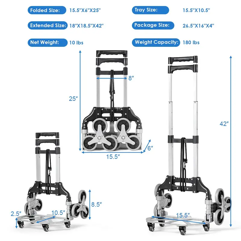 All-Terrain Stair-Climbing Hand Truck with Bungee Strap, Reinforced Frame & Six Wheels