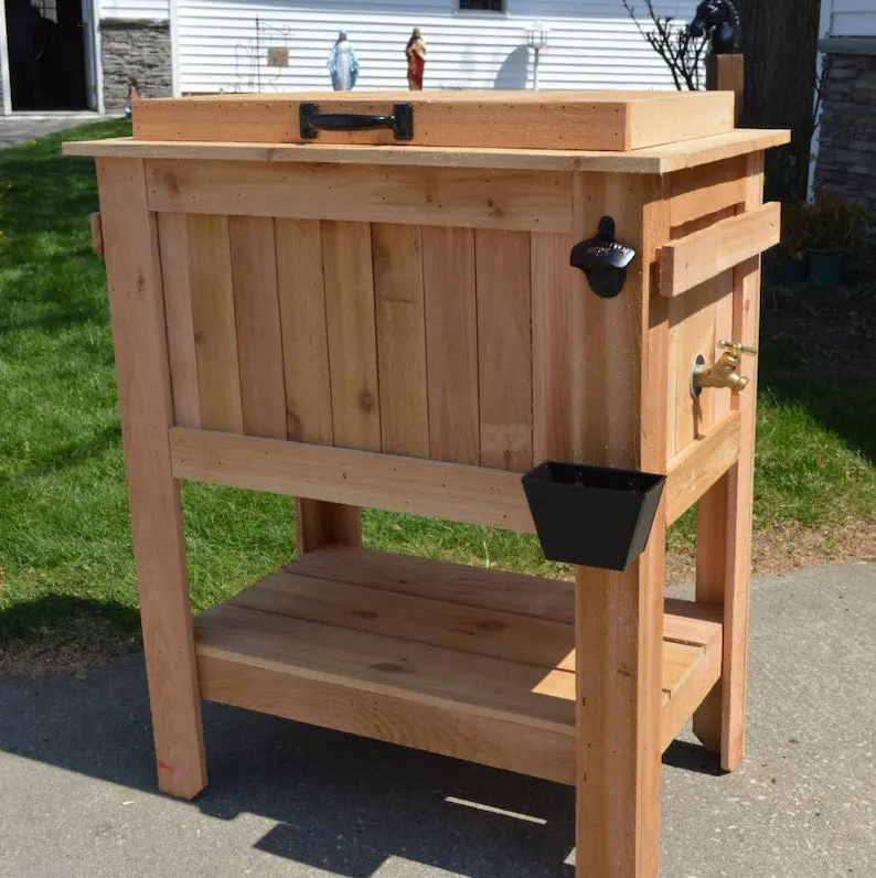 All-Weather 48-Quart Cedar Beer Cooler Stand – Antique Finish with Brass Drain, Bottle Opener & Cap Catcher