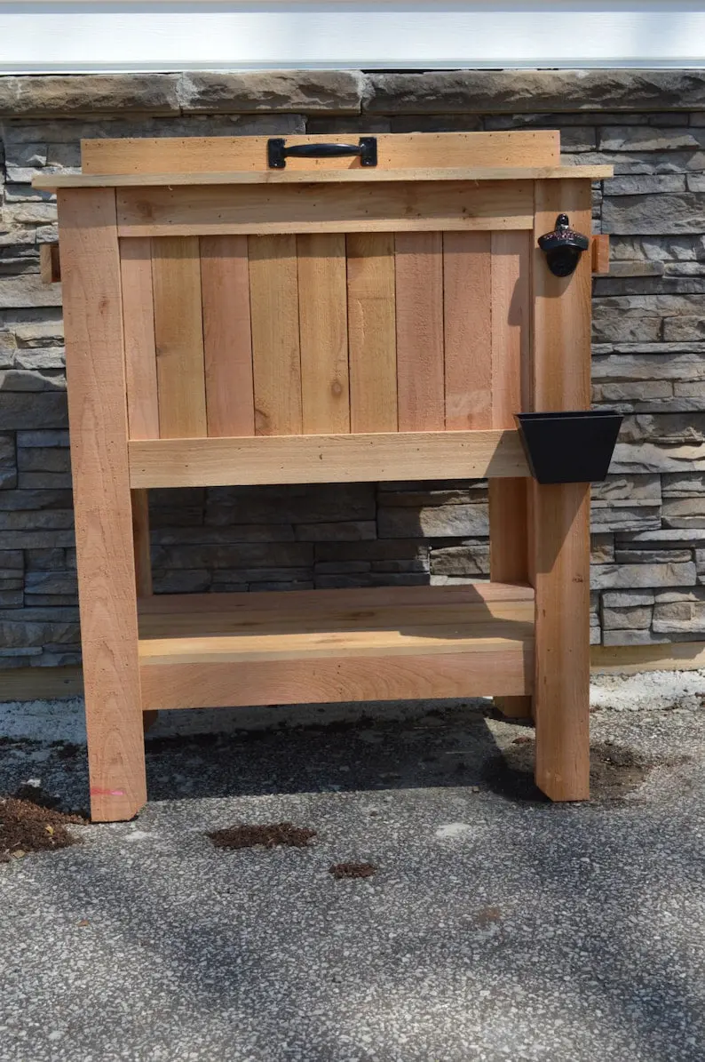 All-Weather 48-Quart Cedar Beer Cooler Stand – Antique Finish with Brass Drain, Bottle Opener & Cap Catcher