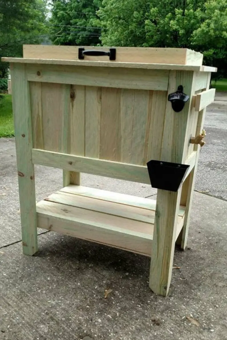 All-Weather 48-Quart Cedar Beer Cooler Stand – Antique Finish with Brass Drain, Bottle Opener & Cap Catcher