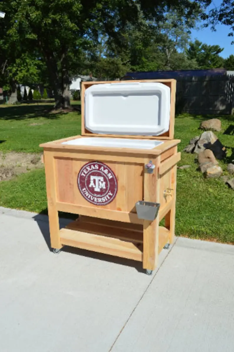 All-Weather 48-Quart Cedar Beer Cooler Stand – Antique Finish with Brass Drain, Bottle Opener & Cap Catcher