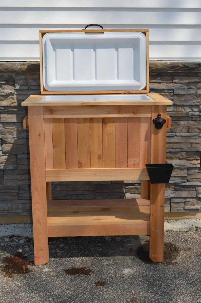 All-Weather 48-Quart Cedar Beer Cooler Stand – Antique Finish with Brass Drain, Bottle Opener & Cap Catcher