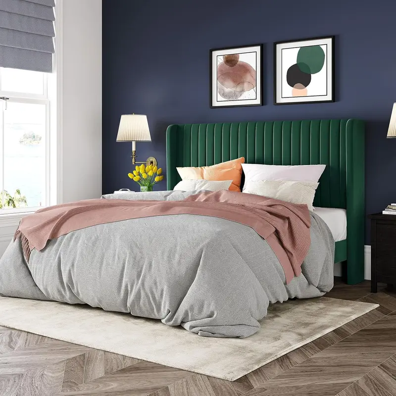 Allewie Full Size Velvet Wingback Bed – Channel-Tufted Upholstered Frame with Vertical Winged Headboard