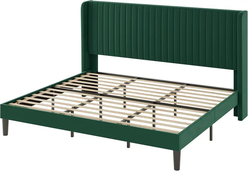 Allewie Full Size Velvet Wingback Bed – Channel-Tufted Upholstered Frame with Vertical Winged Headboard 1