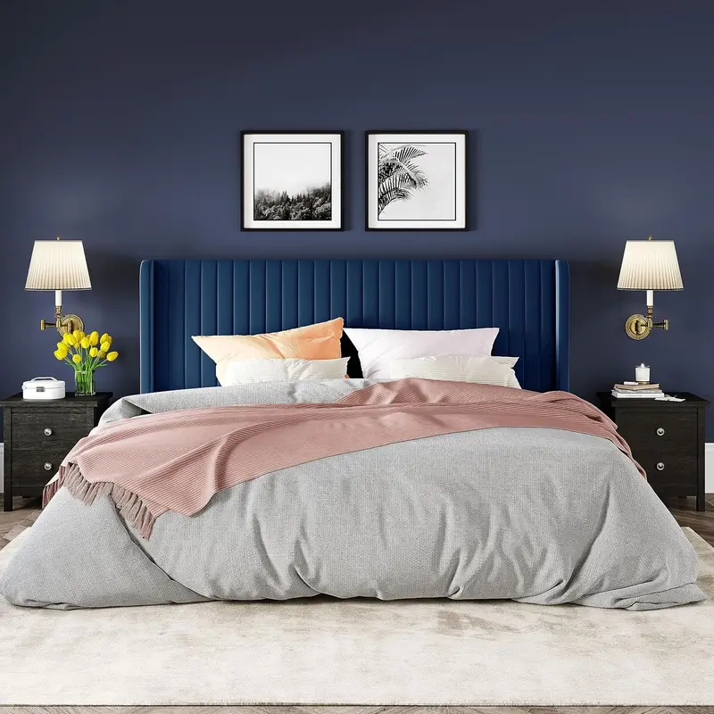 Allewie Full Size Velvet Wingback Bed – Channel-Tufted Upholstered Frame with Vertical Winged Headboard