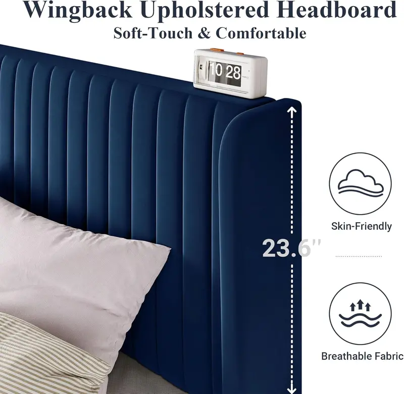 Allewie Full Size Velvet Wingback Bed – Channel-Tufted Upholstered Frame with Vertical Winged Headboard