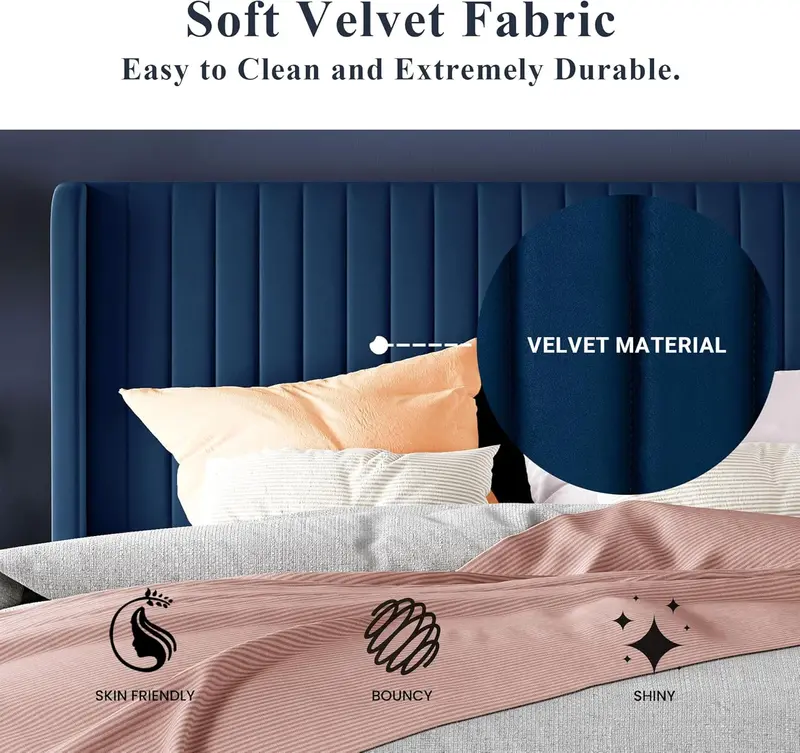 Allewie Full Size Velvet Wingback Bed – Channel-Tufted Upholstered Frame with Vertical Winged Headboard