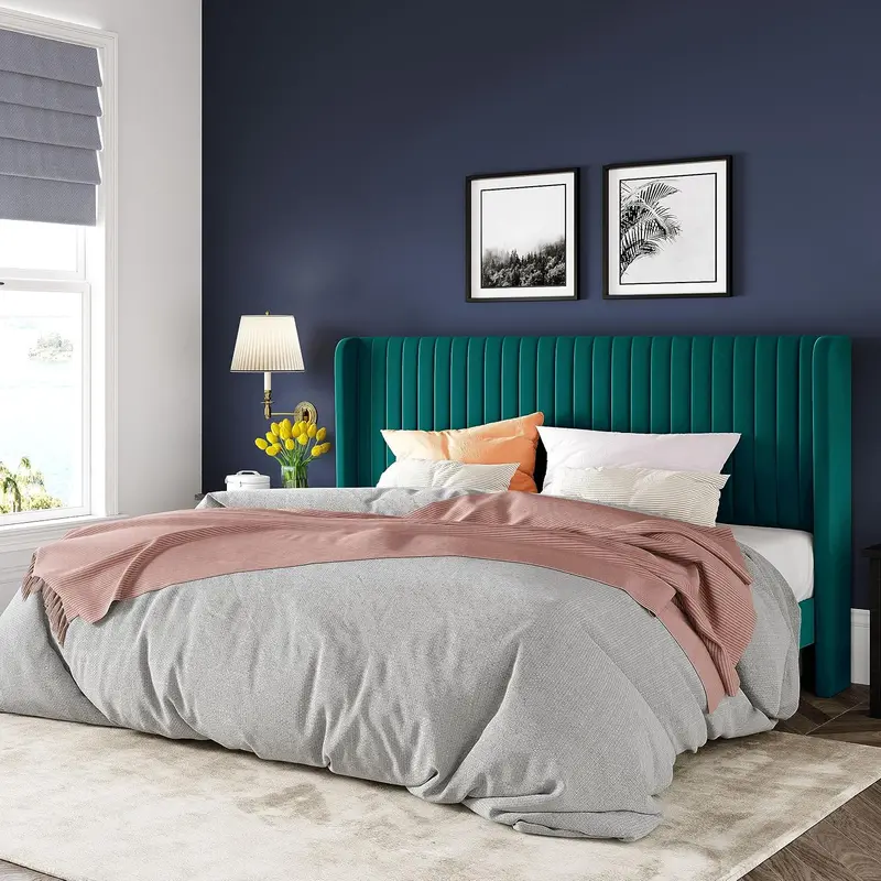 Allewie Full Size Velvet Wingback Bed – Channel-Tufted Upholstered Frame with Vertical Winged Headboard