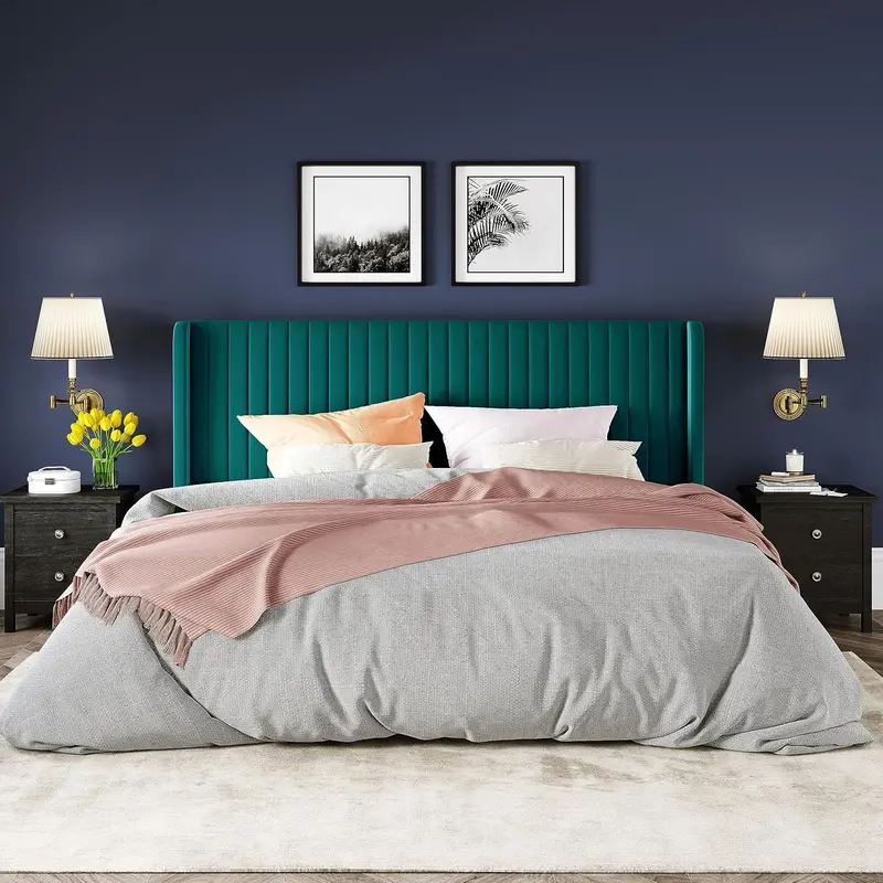 Allewie Full Size Velvet Wingback Bed – Channel-Tufted Upholstered Frame with Vertical Winged Headboard