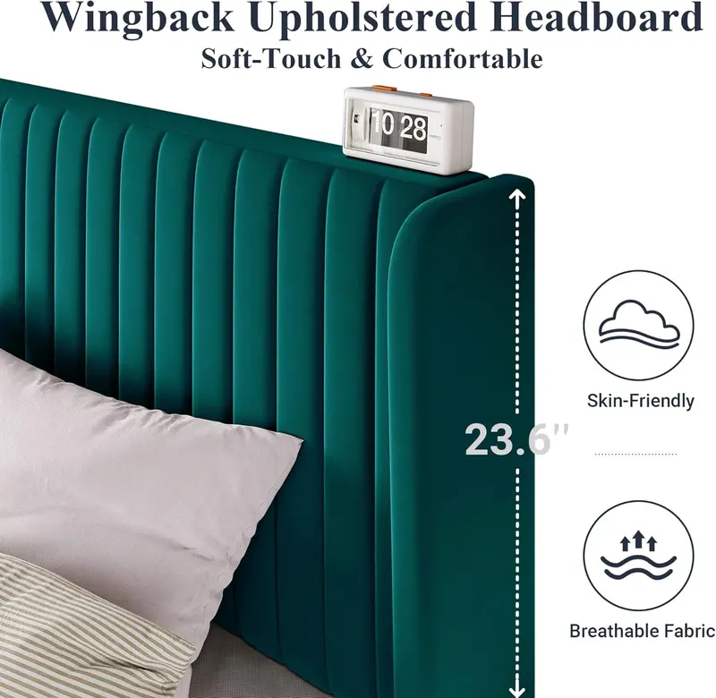 Allewie Full Size Velvet Wingback Bed – Channel-Tufted Upholstered Frame with Vertical Winged Headboard