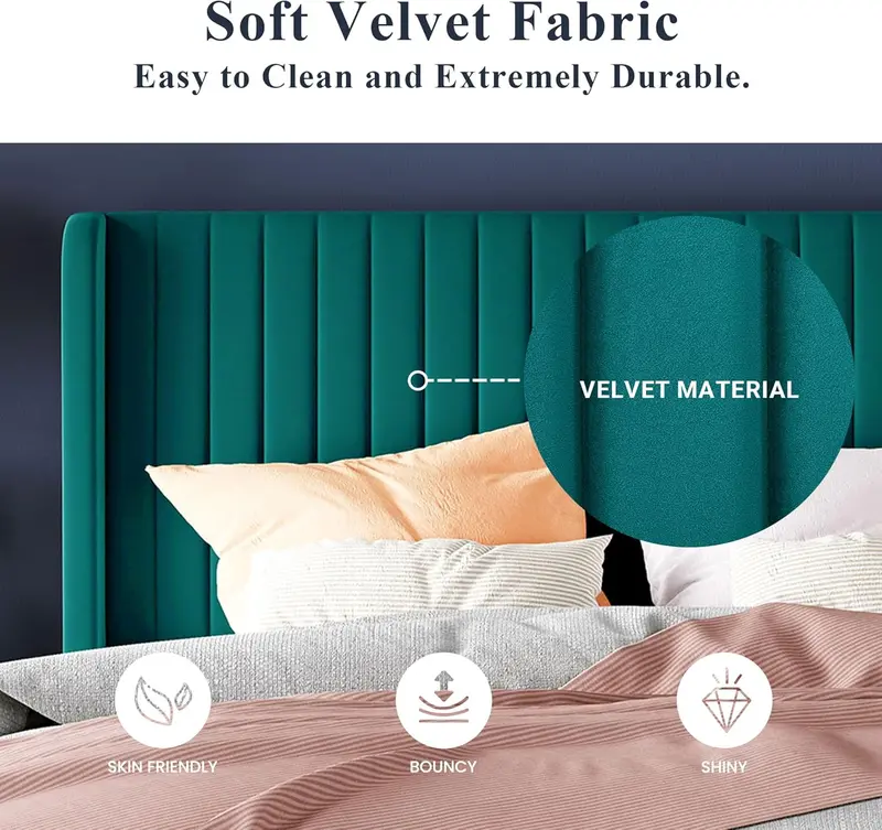 Allewie Full Size Velvet Wingback Bed – Channel-Tufted Upholstered Frame with Vertical Winged Headboard