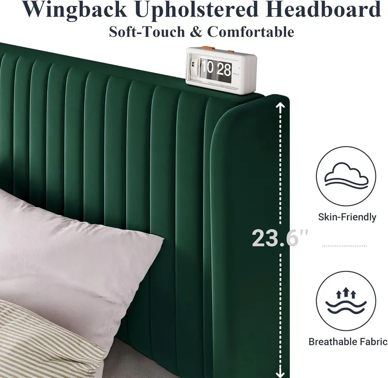 Allewie Full Size Velvet Wingback Bed – Channel-Tufted Upholstered Frame with Vertical Winged Headboard