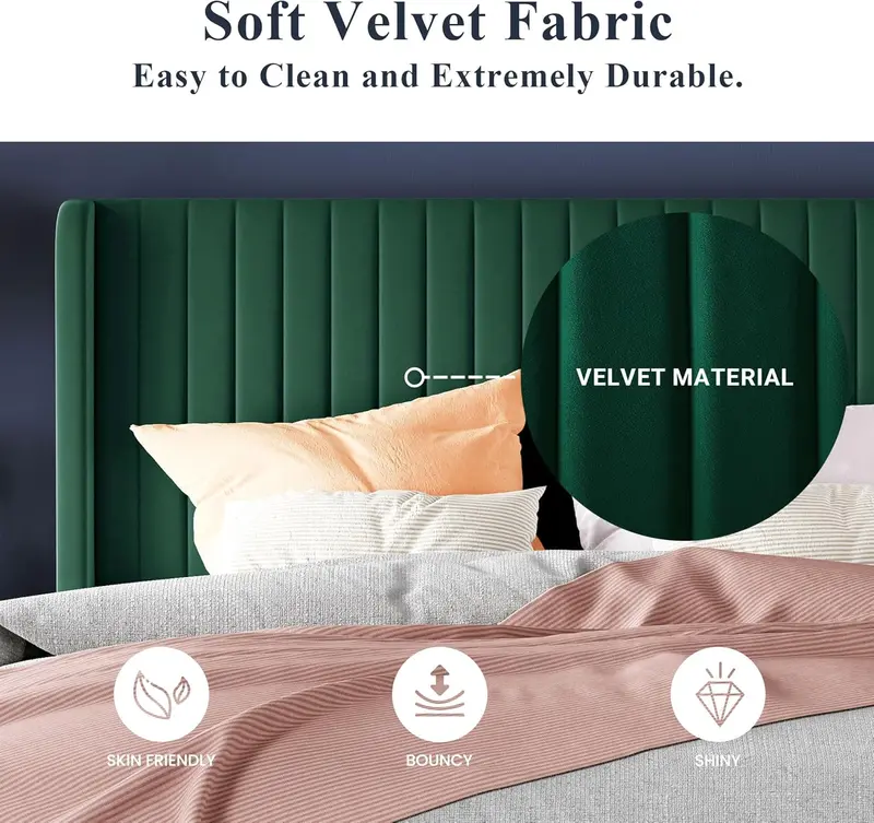 Allewie Full Size Velvet Wingback Bed – Channel-Tufted Upholstered Frame with Vertical Winged Headboard