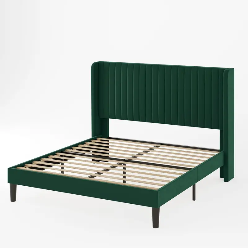 Allewie Full Size Velvet Wingback Bed – Channel-Tufted Upholstered Frame with Vertical Winged Headboard