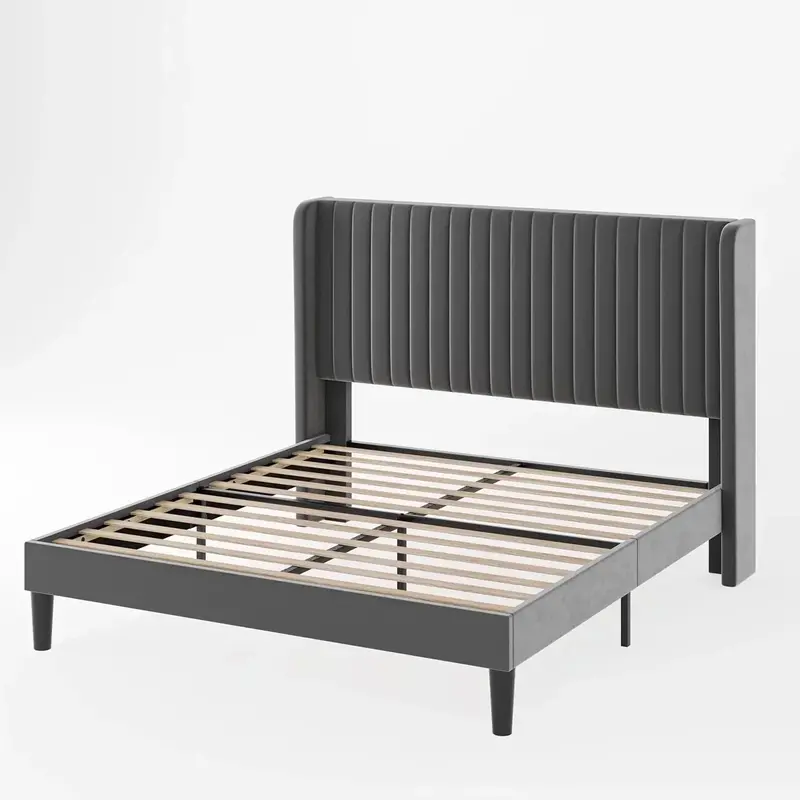 Allewie Full Size Velvet Wingback Bed — Vertical Channel Tufting & Elegant Upholstered Design