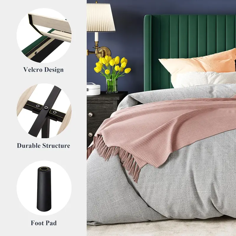Allewie Full Size Velvet Wingback Bed — Vertical Channel Tufting & Elegant Upholstered Design