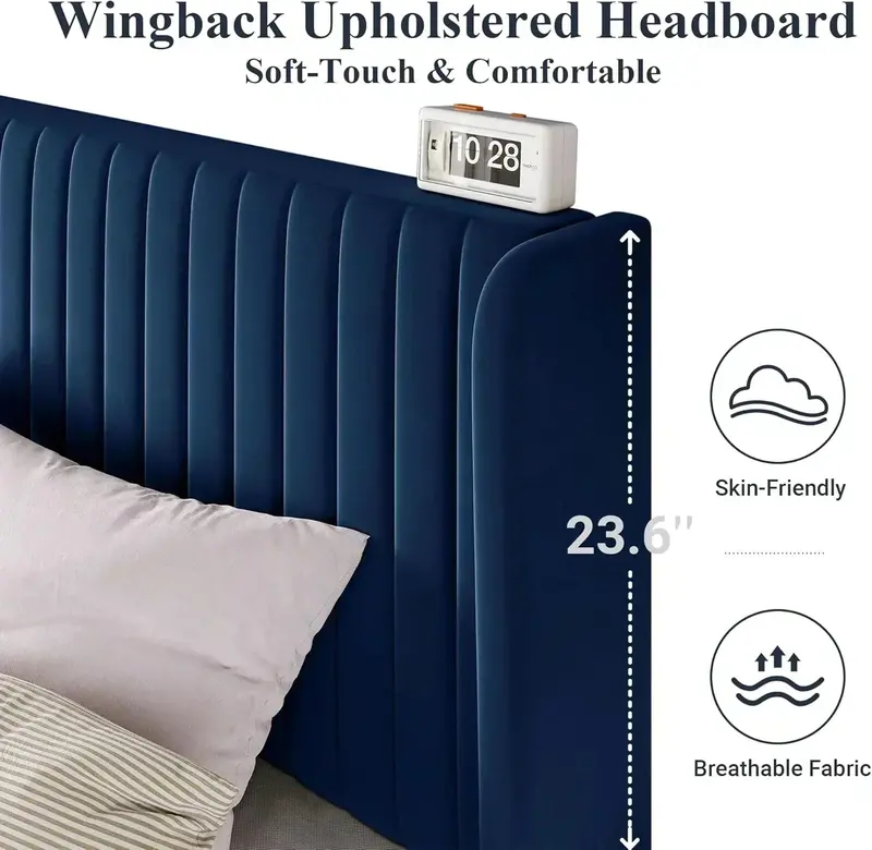 Allewie Full Size Velvet Wingback Bed — Vertical Channel Tufting & Elegant Upholstered Design