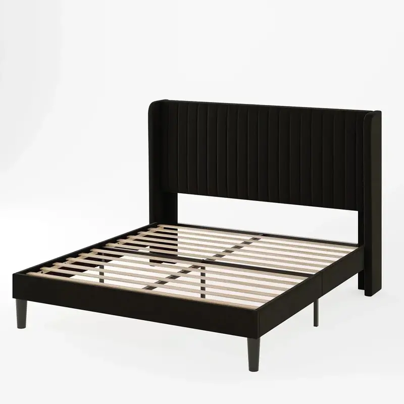 Allewie Full Size Velvet Wingback Bed — Vertical Channel Tufting & Elegant Upholstered Design