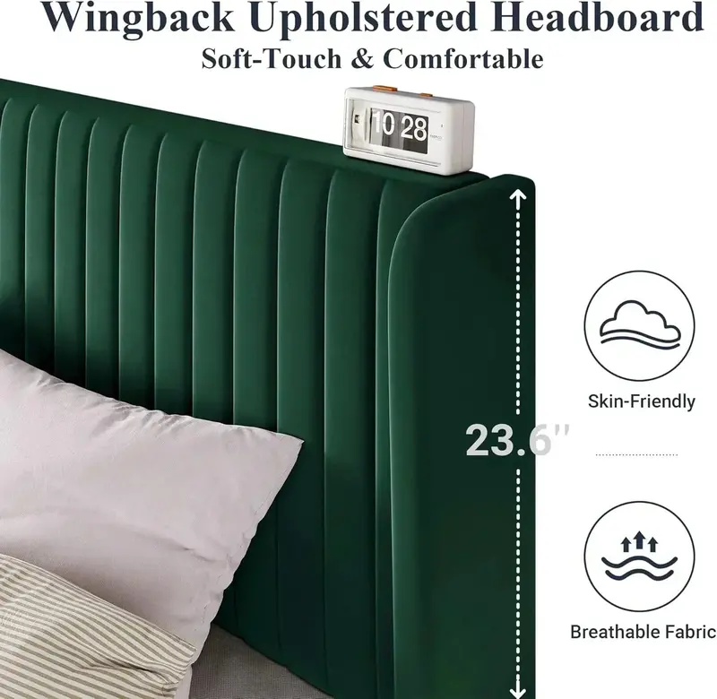 Allewie Full Size Velvet Wingback Bed — Vertical Channel Tufting & Elegant Upholstered Design