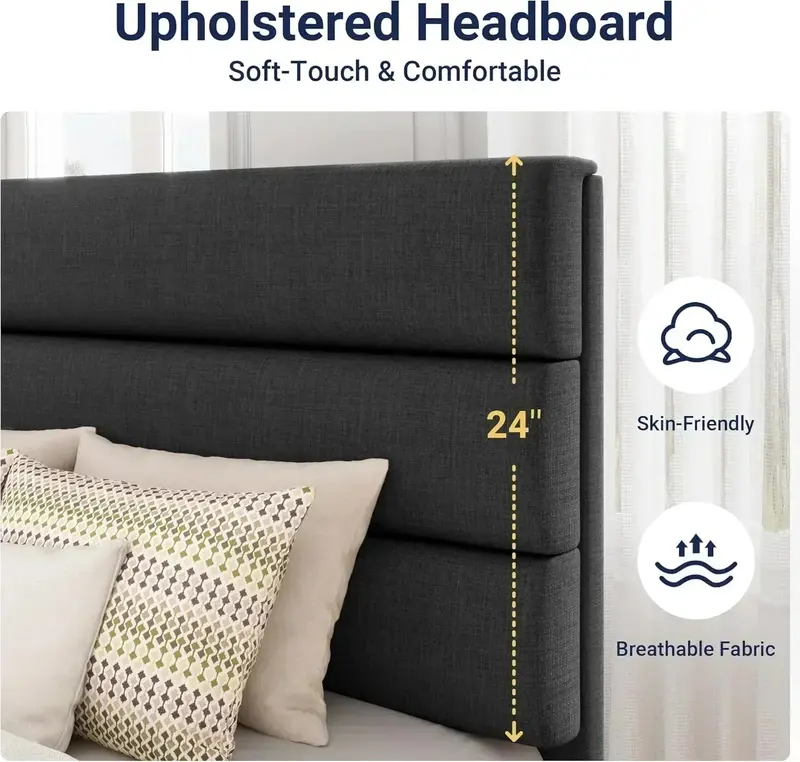 Allewie King Platform Bed Frame – Velvet-Upholstered Headboard with Solid Wood Slats