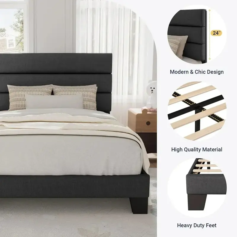 Allewie King Platform Bed Frame – Velvet-Upholstered Headboard with Solid Wood Slats