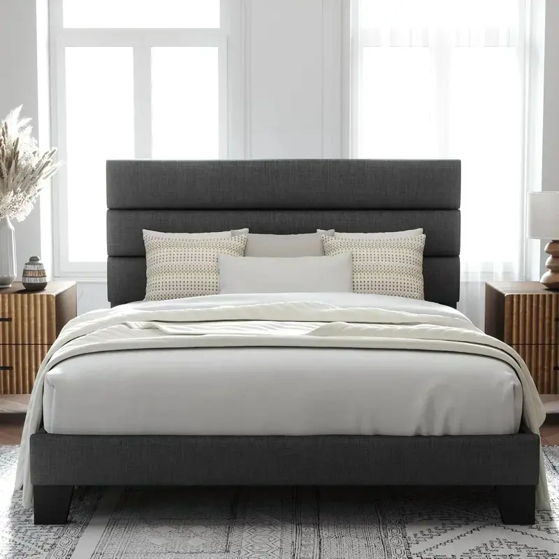 Allewie King Platform Bed Frame – Velvet-Upholstered Headboard with Solid Wood Slats