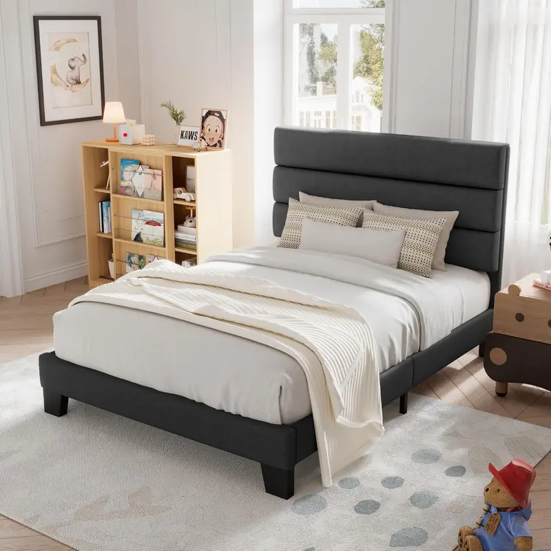 Allewie King Platform Bed Frame – Velvet-Upholstered Headboard with Solid Wood Slats