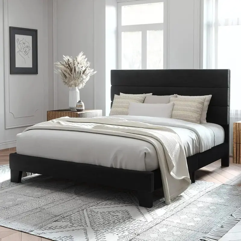Allewie King Platform Bed Frame – Velvet-Upholstered Headboard with Solid Wood Slats