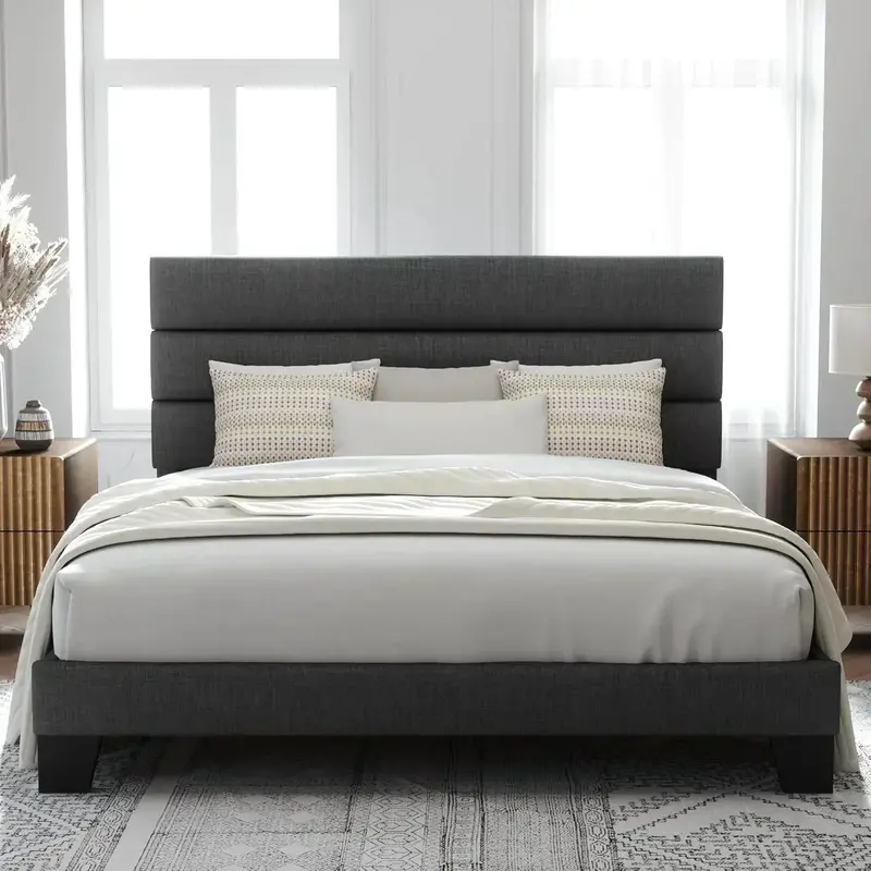 Allewie King Platform Bed Frame – Velvet-Upholstered Headboard with Solid Wood Slats 2