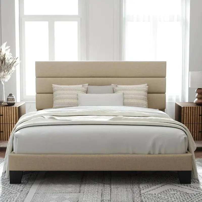 Allewie King Platform Bed Frame – Velvet-Upholstered Headboard with Solid Wood Slats