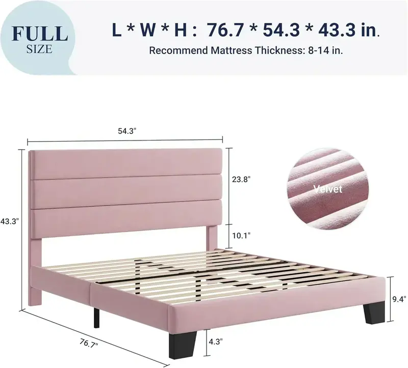 Allewie King Platform Bed Frame – Velvet-Upholstered Headboard with Solid Wood Slats