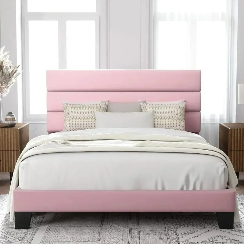 Allewie King Platform Bed Frame – Velvet-Upholstered Headboard with Solid Wood Slats