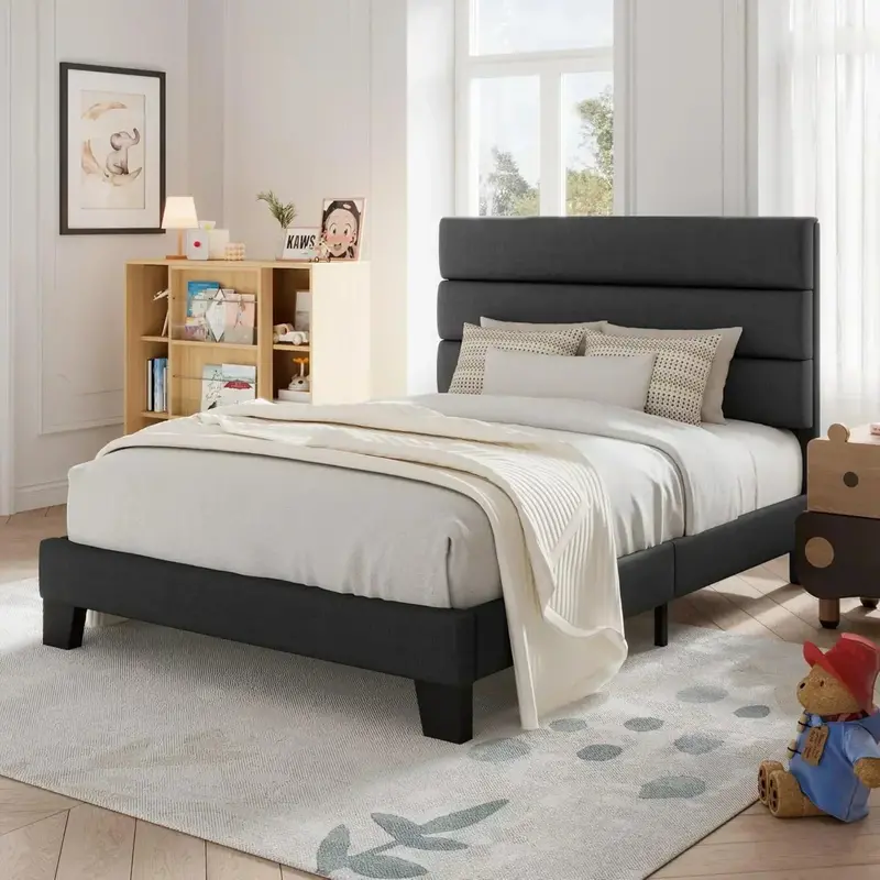 Allewie King Platform Bed Frame – Velvet-Upholstered Headboard with Solid Wood Slats