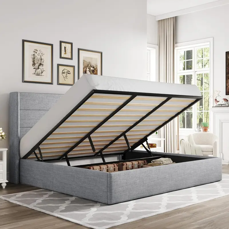 Allewie Queen Hydraulic Lift Storage Bed – Modern Upholstered Frame with Wingback Headboard & Quiet-Lift Mechanism 1