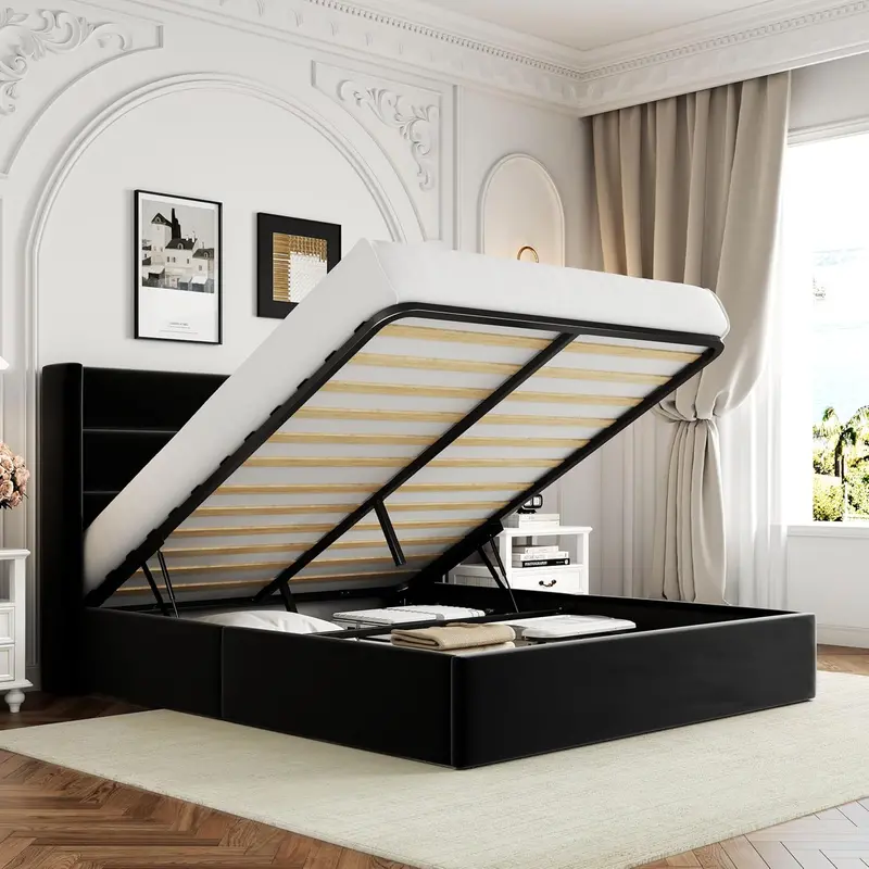 Allewie Queen Hydraulic Lift Storage Bed – Modern Upholstered Frame with Wingback Headboard & Quiet-Lift Mechanism
