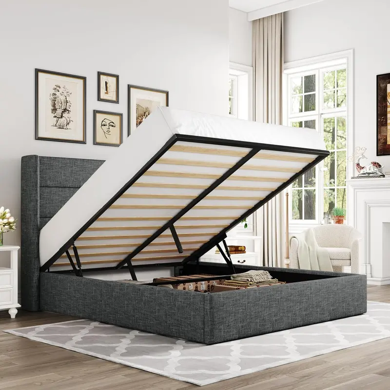 Allewie Queen Hydraulic Lift Storage Bed – Modern Upholstered Frame with Wingback Headboard & Quiet-Lift Mechanism
