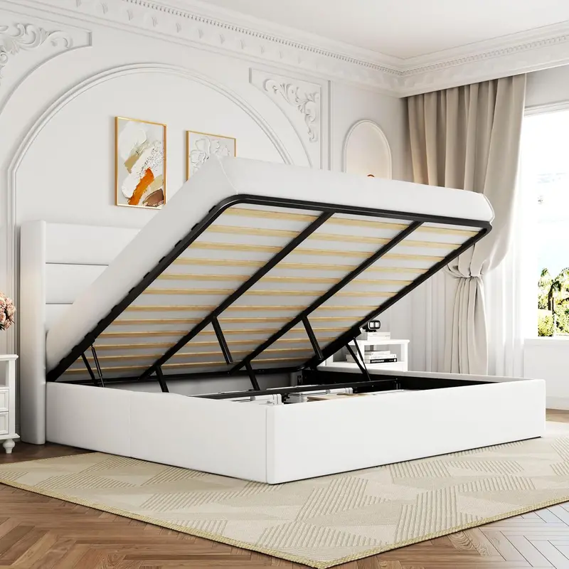 Allewie Queen Hydraulic Lift Storage Bed – Modern Upholstered Frame with Wingback Headboard & Quiet-Lift Mechanism