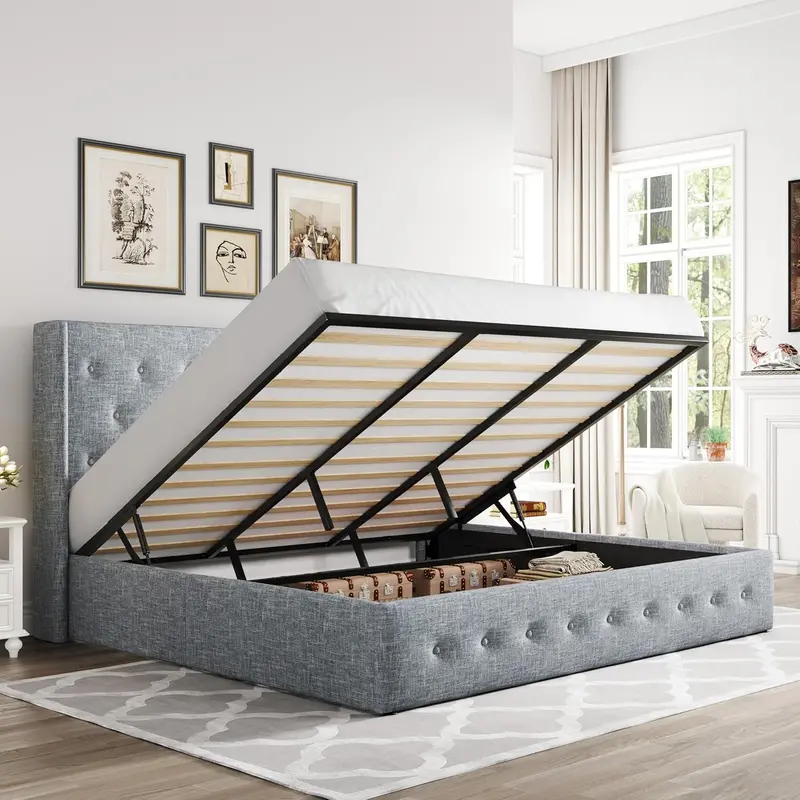 Allewie Queen Hydraulic Lift Storage Bed – Modern Upholstered Frame with Wingback Headboard & Quiet-Lift Mechanism