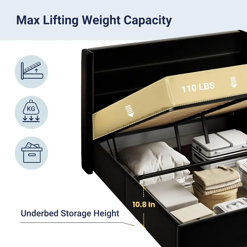 Allewie Queen Hydraulic Lift Storage Bed – Modern Upholstered Frame with Wingback Headboard & Quiet-Lift Mechanism