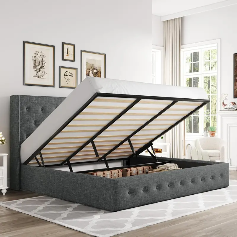 Allewie Queen Hydraulic Lift Storage Bed – Modern Upholstered Frame with Wingback Headboard & Quiet-Lift Mechanism