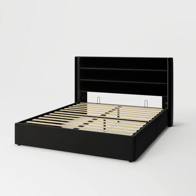 Allewie Queen Hydraulic Lift Storage Bed – Modern Upholstered Frame with Wingback Headboard & Quiet-Lift Mechanism