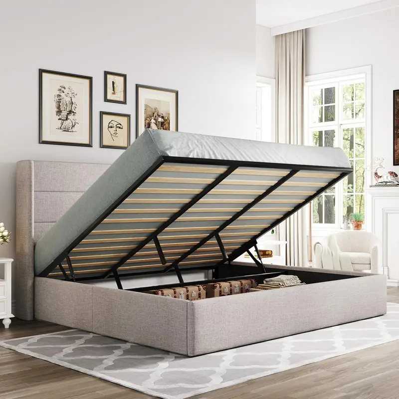 Allewie Queen Hydraulic Lift Storage Bed – Modern Upholstered Frame with Wingback Headboard & Quiet-Lift Mechanism
