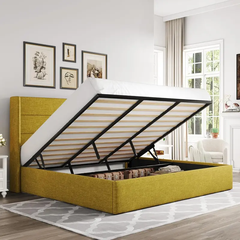 Allewie Queen Hydraulic Lift Storage Bed – Modern Upholstered Frame with Wingback Headboard & Quiet-Lift Mechanism