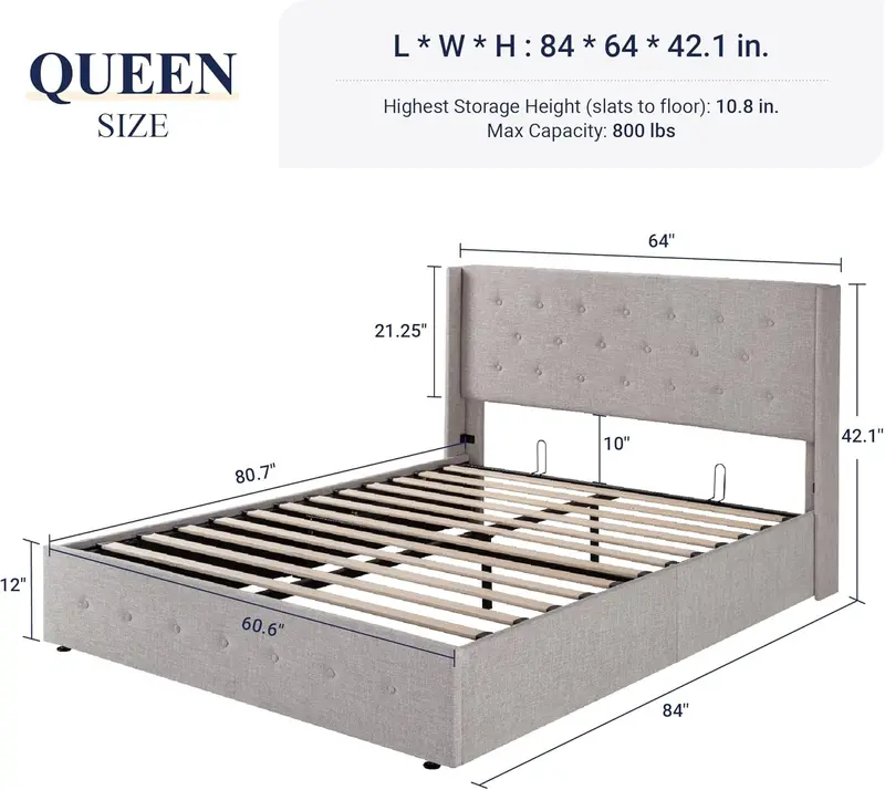 Allewie Queen Hydraulic Lift Storage Bed – Modern Upholstered Frame with Wingback Headboard & Quiet-Lift Mechanism