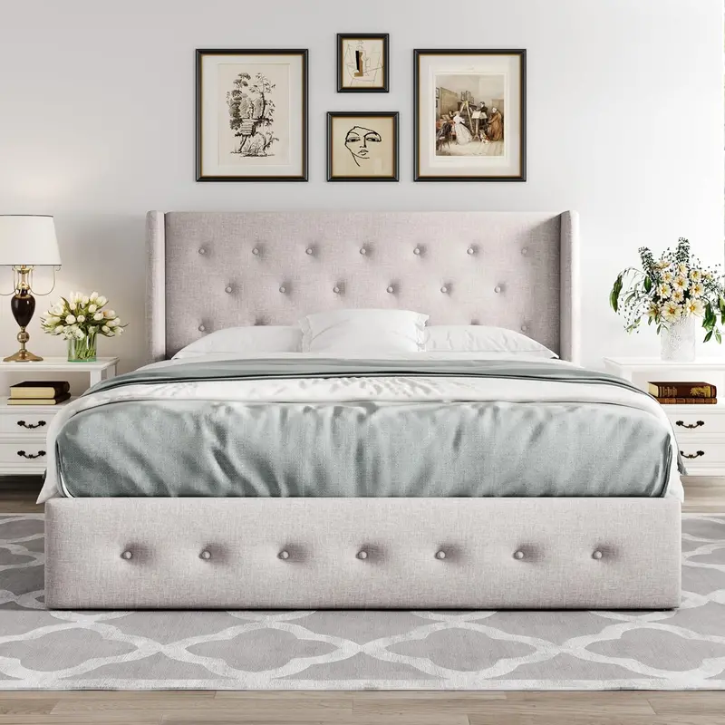 Allewie Queen Hydraulic Lift Storage Bed – Modern Upholstered Frame with Wingback Headboard & Quiet-Lift Mechanism