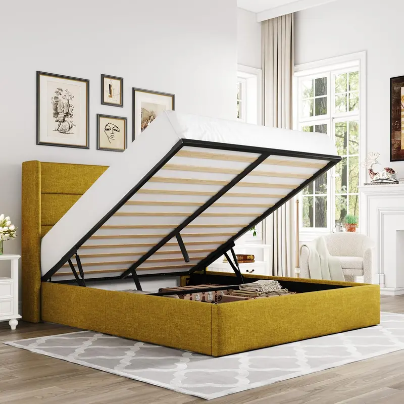 Allewie Queen Hydraulic Lift Storage Bed – Modern Upholstered Frame with Wingback Headboard & Quiet-Lift Mechanism