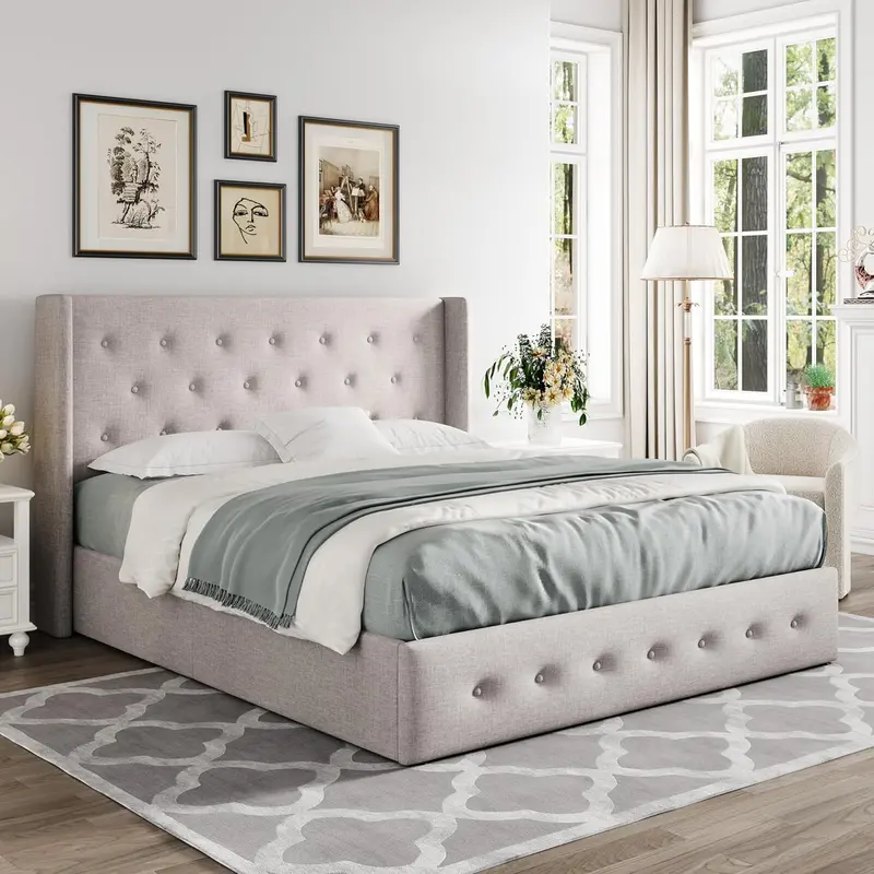 Allewie Queen Hydraulic Lift Storage Bed – Modern Upholstered Frame with Wingback Headboard & Quiet-Lift Mechanism