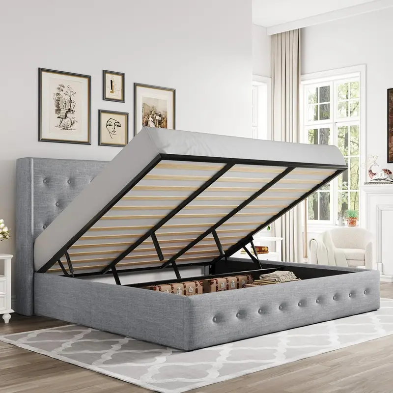Allewie Queen Hydraulic Lift Storage Bed – Modern Upholstered Frame with Wingback Headboard & Quiet-Lift Mechanism