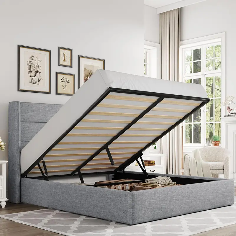Allewie Queen Hydraulic Lift Storage Bed – Modern Upholstered Frame with Wingback Headboard & Quiet-Lift Mechanism